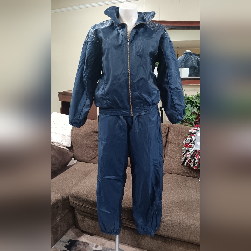 VTG 80s BOLO Spirit Women's Sz 1X Navy Windbreaker Track Jacket Pants Suit Set